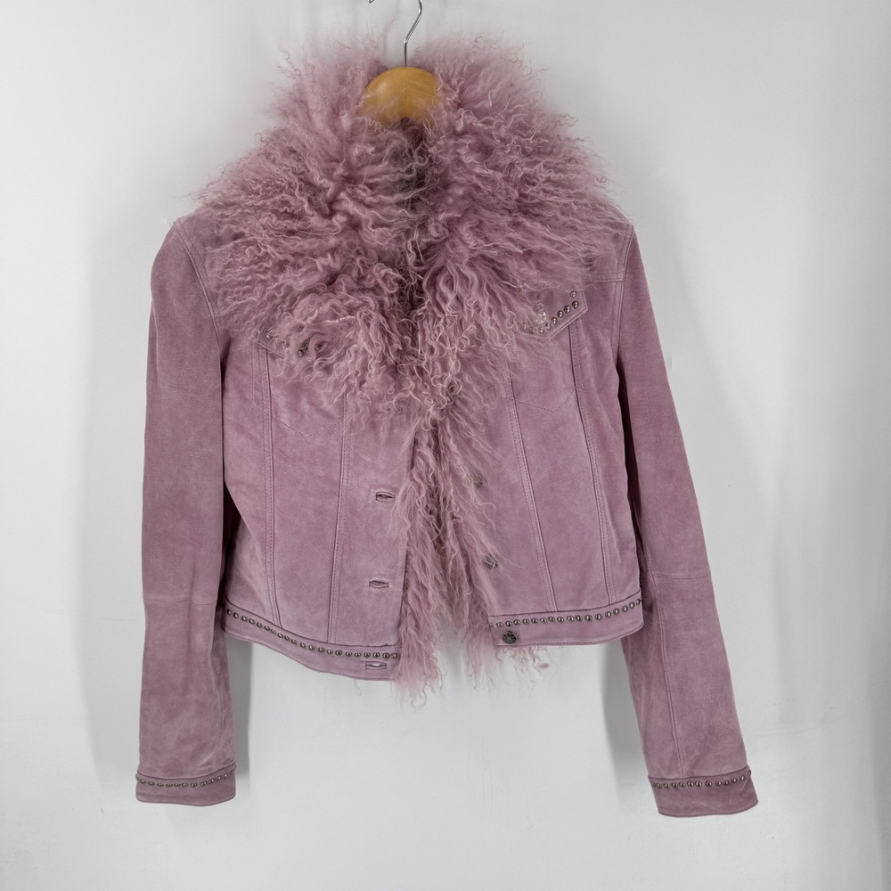 Vintage Y2K bebe Suede Sheep Fur Jacket Purple Medium Indie Western Glam